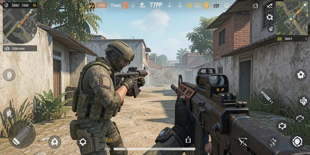 Tangkapan layar gameplay 77RP dengan aksi tembak menembak yang intens.