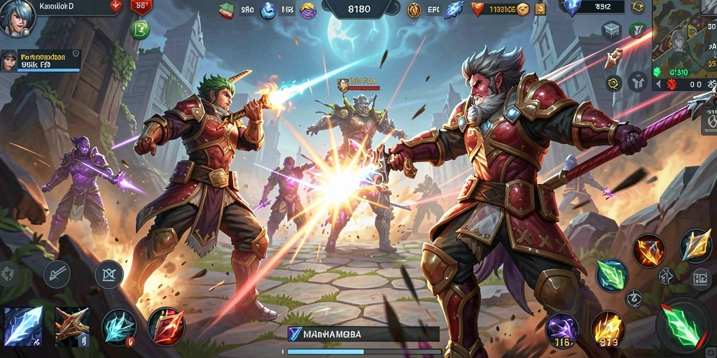 Tangkapan layar gameplay 8180 menampilkan karakter beraksi dalam pertempuran MOBA yang mendebarkan.