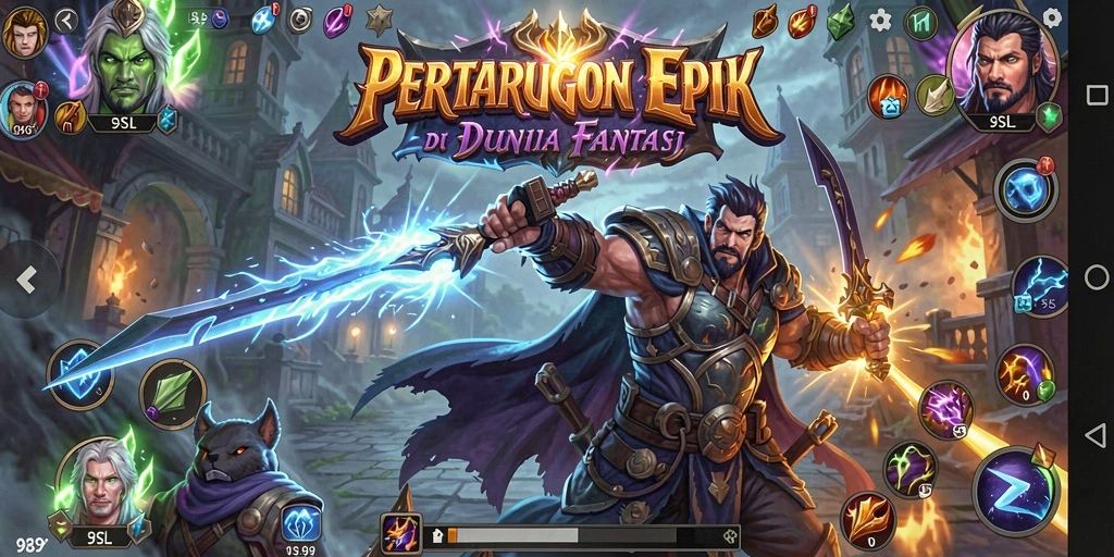 Screenshot gameplay 9SL yang menampilkan pertarungan epik dan karakter yang kuat.