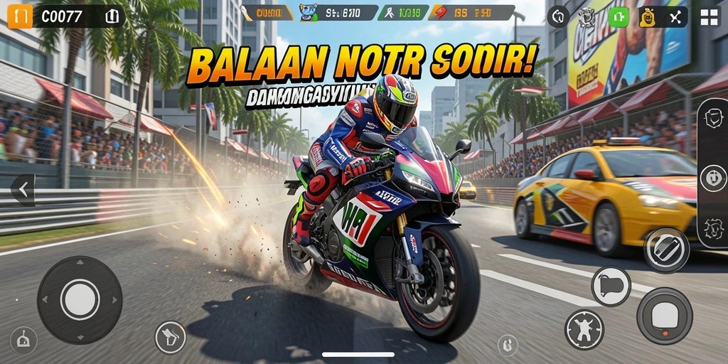 Gameplay seru C0077 dengan aksi balapan motor yang cepat.