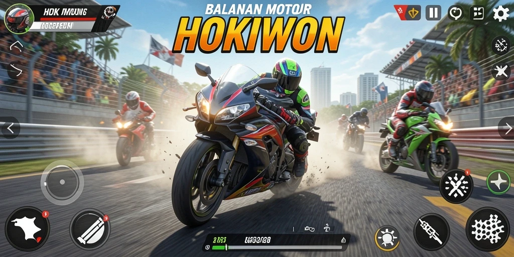 Screenshot gameplay HOKIWON yang menunjukkan aksi balapan motor yang mendebarkan.