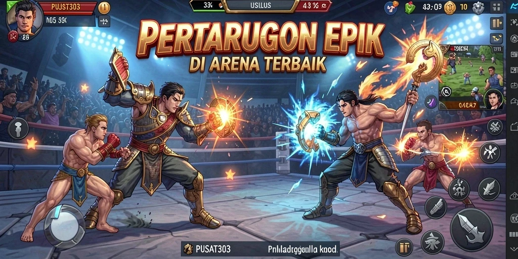 Screenshot PUSAT303 menampilkan aksi pertarungan mendebarkan di arena.
