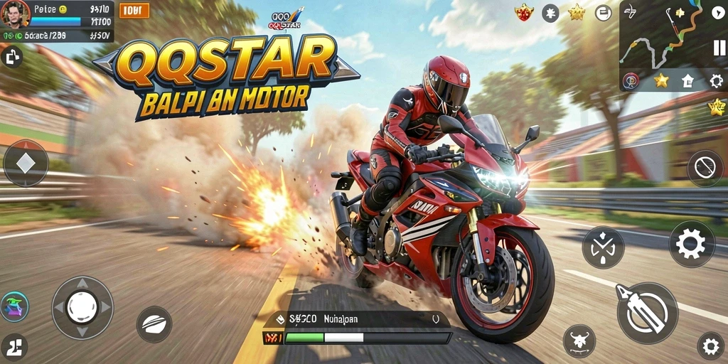 Screenshot gameplay QQSTAR yang menampilkan balapan motor seru.