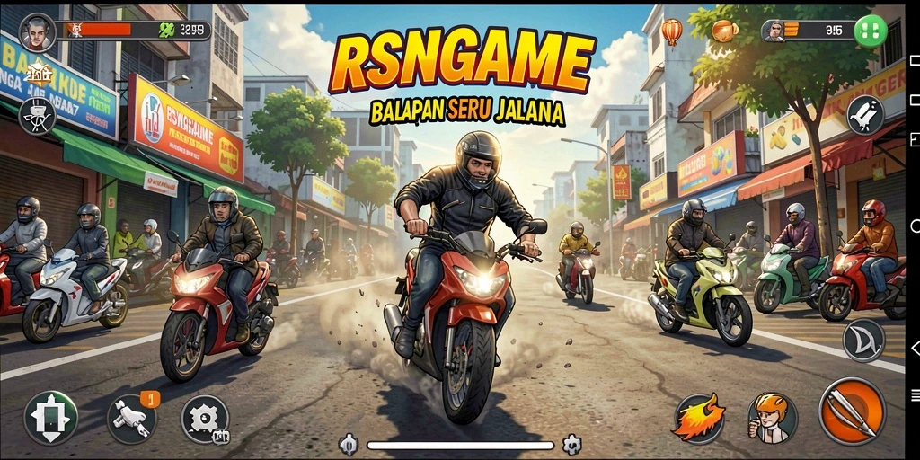 Tangkapan layar utama RSNGAME menampilkan aksi balapan yang mendebarkan.